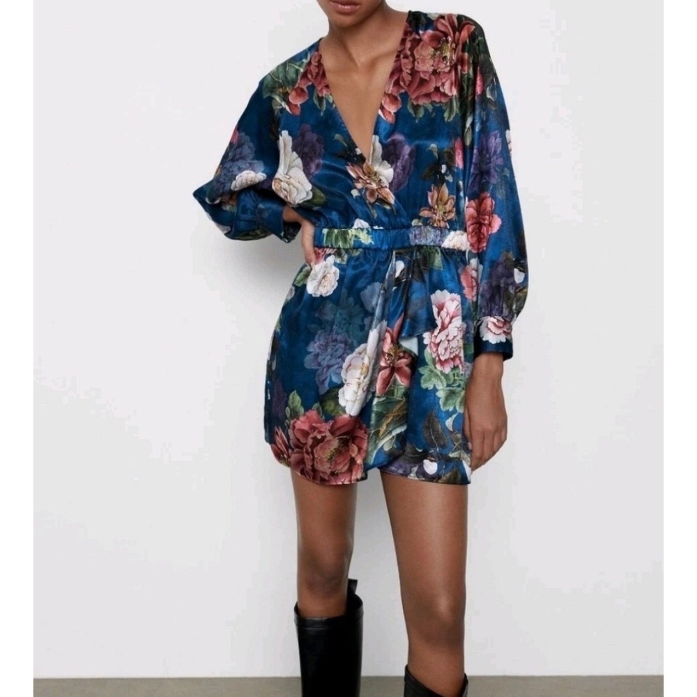 Zara XL Floral‎ Satin Romper Teal Blue Long Sleeve V-Neck Faux Wrap Jumpsuit